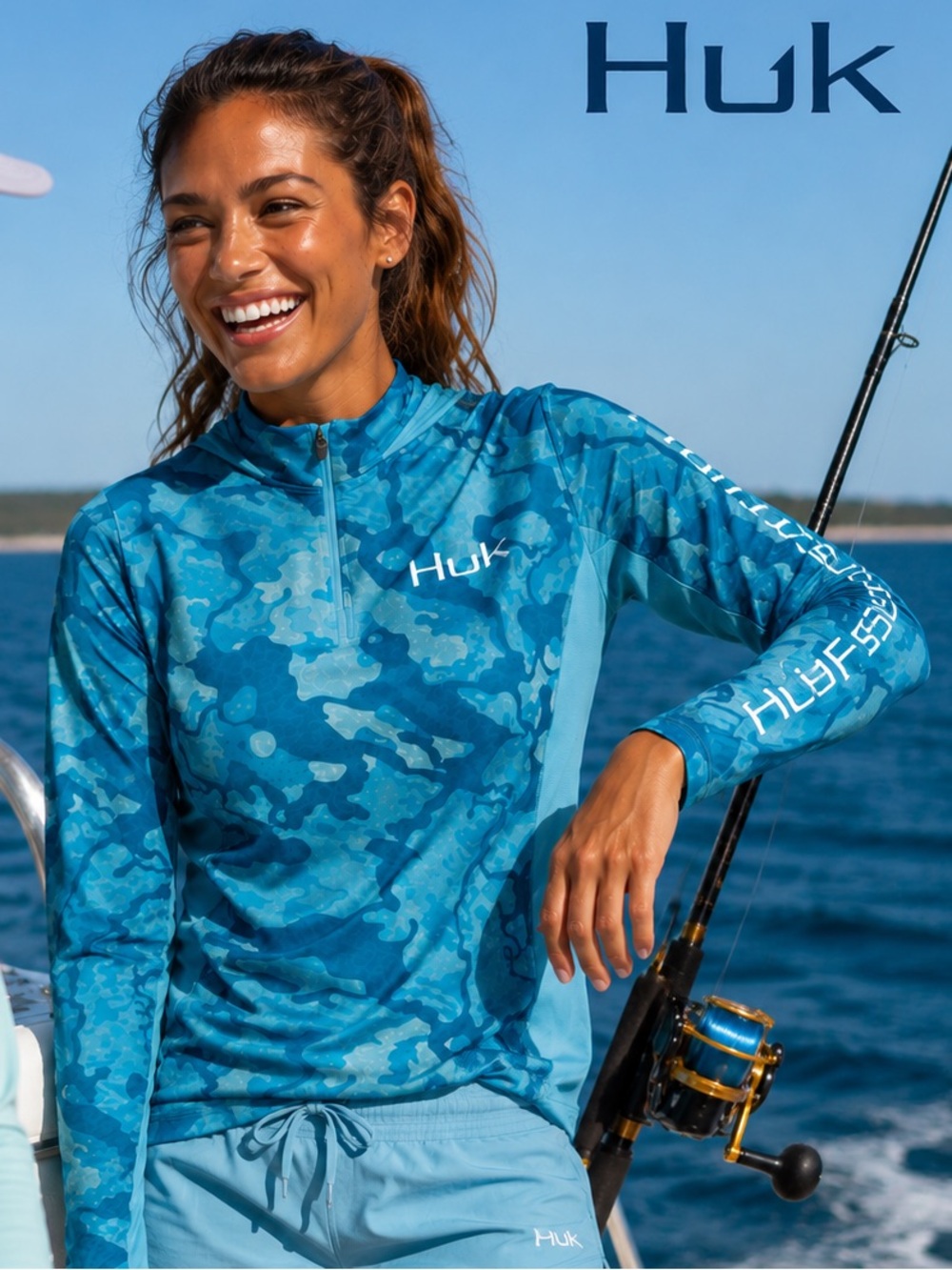 HUK Women’s Current Camo Icon X Hoodie Blue Fishing Performance UPF Top Size M - Picture 3 of 8